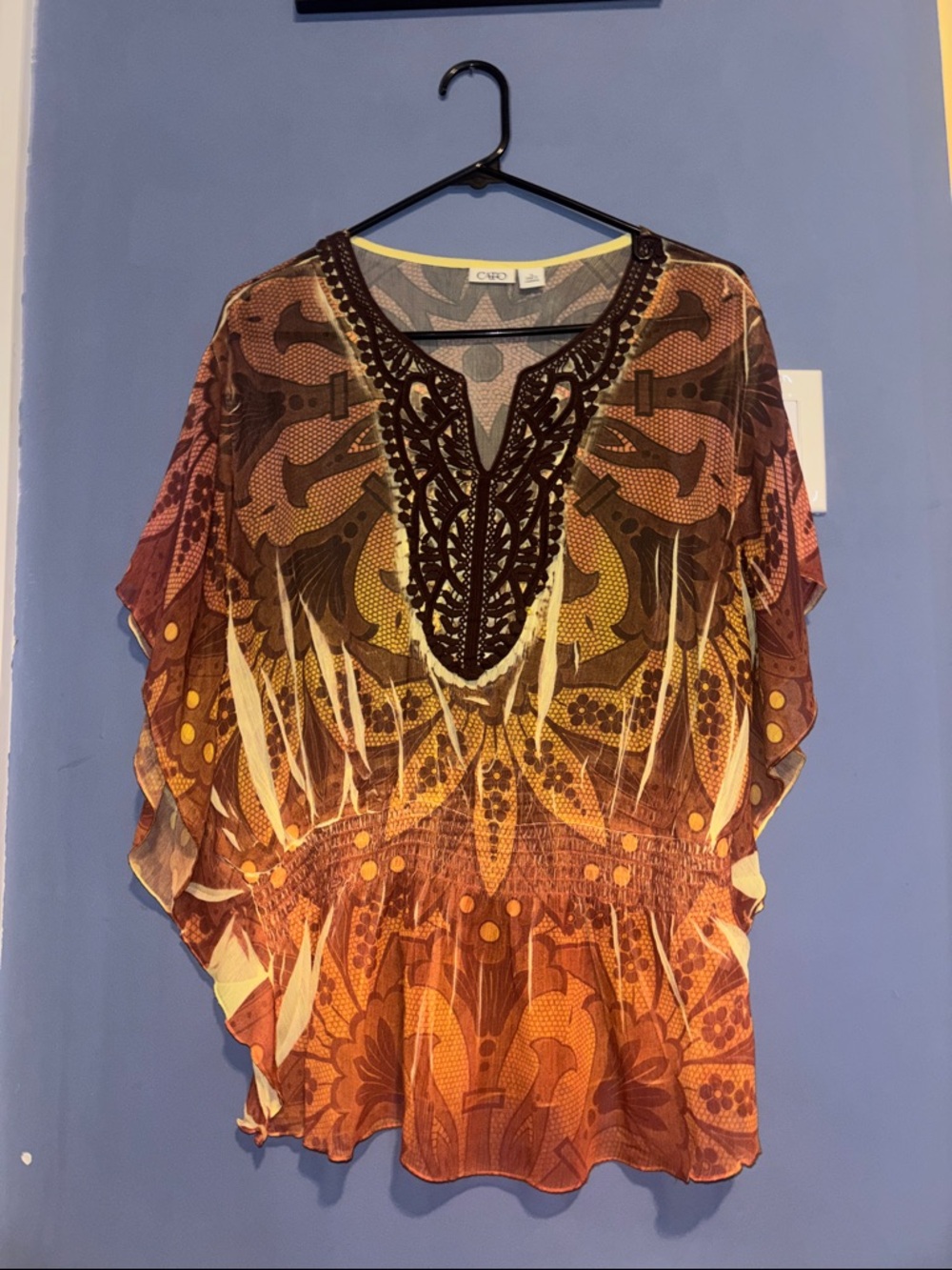 Cato Brown & Yellow Boho Embroidered V-Neck Tunic